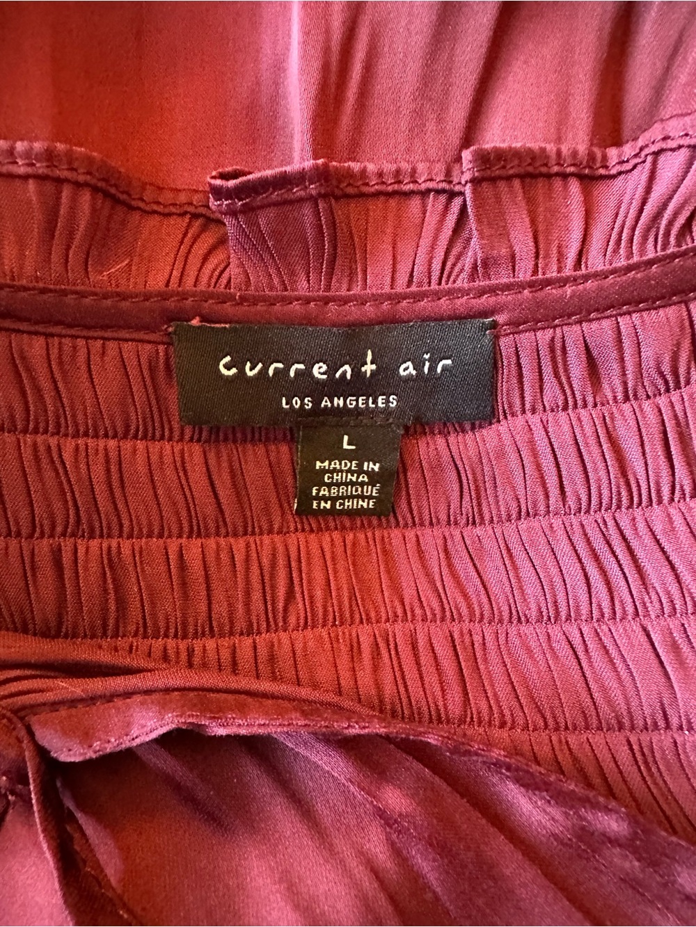 Current Air Burgundy Smocked Neck Silk Feel Tie Collar Blouse size large - Picture 8 of 9